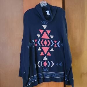 Womens J Jill Cowl Neck Aztec Sweater Blue Medium Boho Oversized Casual